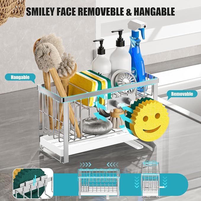 Sponge Holder for Kitchen Sink with Flexible Sink Caddy Smiley Face,2 Tier Kitchen Sink Organizer Countertop and Storage Essentials,Soap Dispenser Organize,Home Decor Accessories-Silver