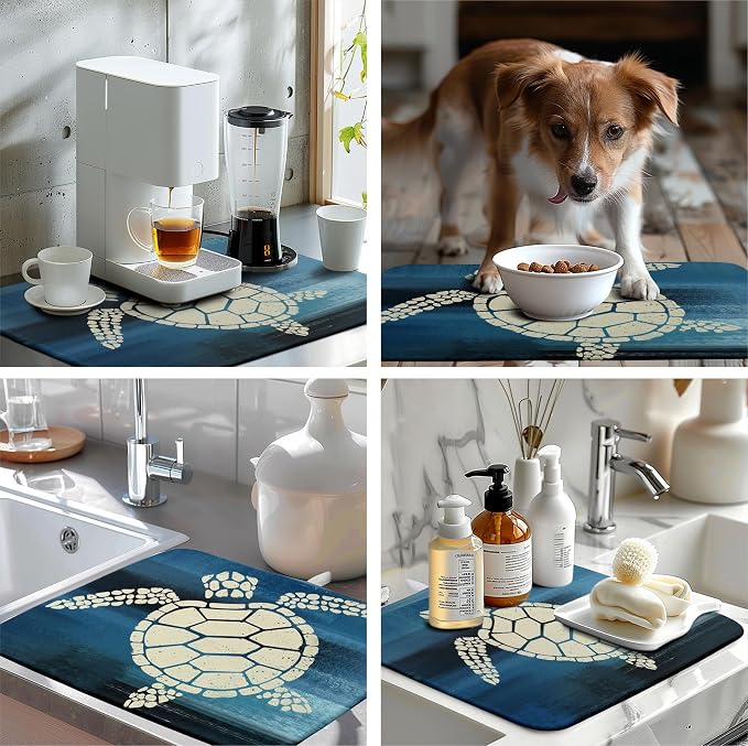 Sea Turtle Dish Drying Mats for Kitchen Counter 18x24 Inch Summer Ocean Animal Microfiber Absorbent Dish Drainer Rack Mats Navy Blue Large Dish Pad with Hanging Loop
