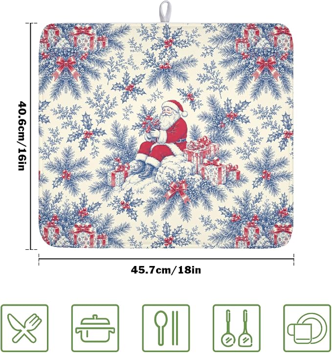 Christmas Santa Claus Dish Drying Mat for Kitchen Counter 16x18 Inch | Vintage Blue Chinoiserie Christmas Holly Leaves Dish Drainer Mat Rustic Xmas Holiday Absorbent Washable Drying Pad