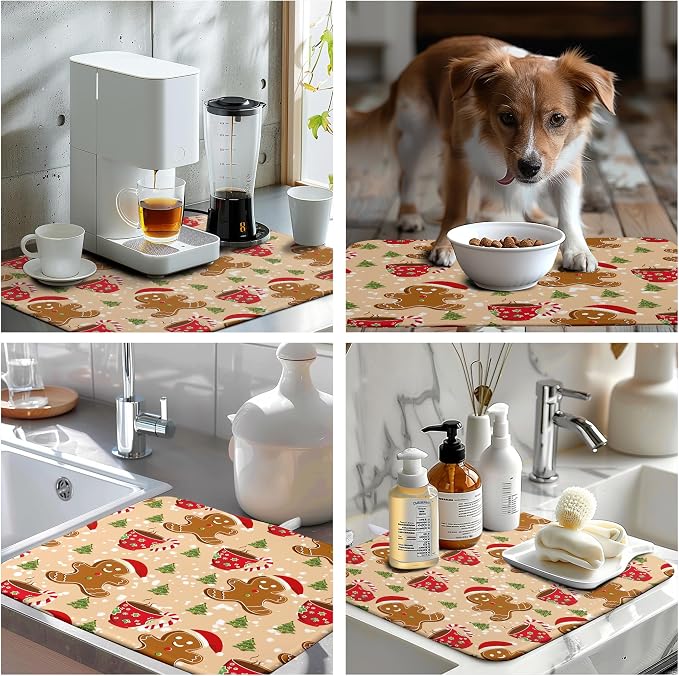 Cute Gingerbread Man Xmas Dish Drying Mat, Absorbent Dish Pad, 18x24 inch