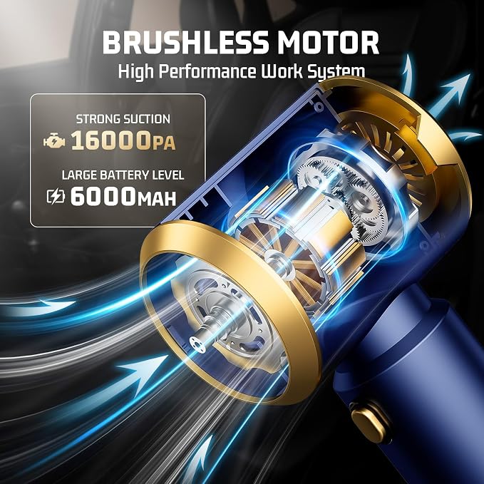 Cordless Car Vacuum Cleaner: 7-in-1 & 16000Pa Suction - Navy Blue | Handheld Vacuum Cleaner with Brushless Motor - LED Battery Display & Type-C Charging - For Car, Home, Pet Hair
