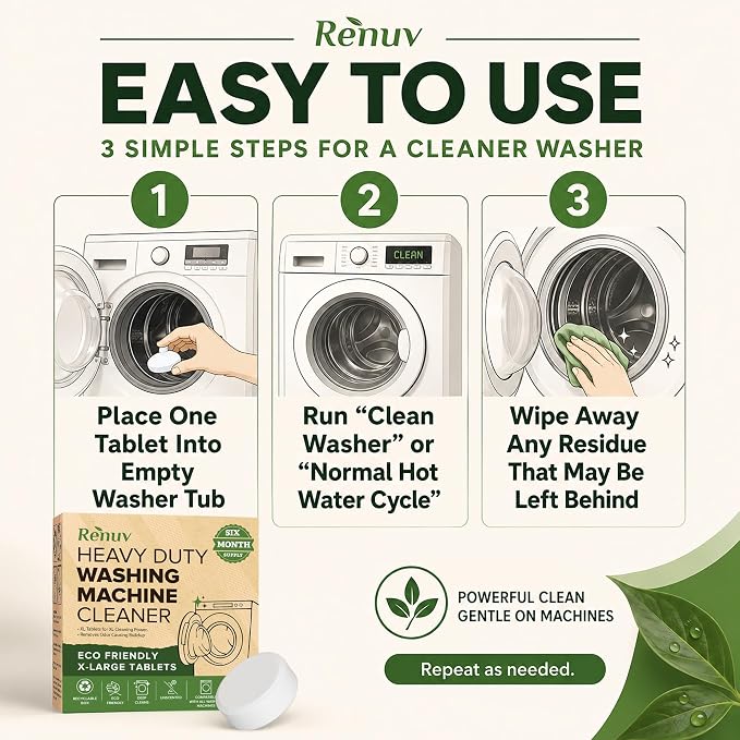 Renuv® Heavy Duty Washing Machine Cleaner & Descaler & Deodorizer Tablets | Deep Cleaning Tablets Remove Residue, Grime Buildup, Front Load or Top Load Washer, HE and Septic Safe, 6 Month Supply