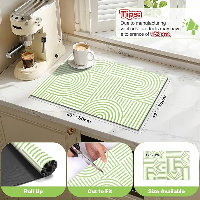 Findosom Dish Drying Mat, 12" x 20" Super Absorbent Dish Mat with Modern Geometric Striped, Hide Stain Drying Mat for Kitchen Counter, Under Dish Rack, Coffee Maker, Espresso Machine, Green & White