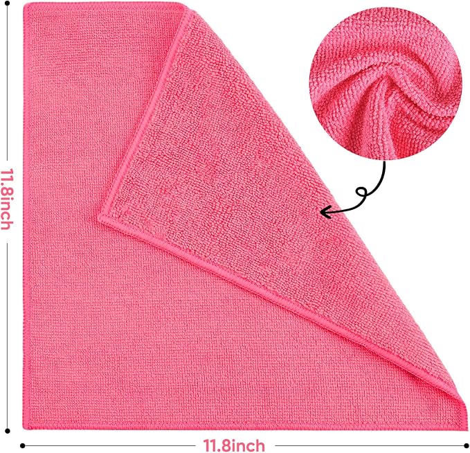 TEAWOO 10 PCS Pink Microfiber Cleaning Cloths, Highly Absorbent Microfiber Towels for Car, Kitchen, Bathroom and Household Cleaning, 11.8" X11.8
