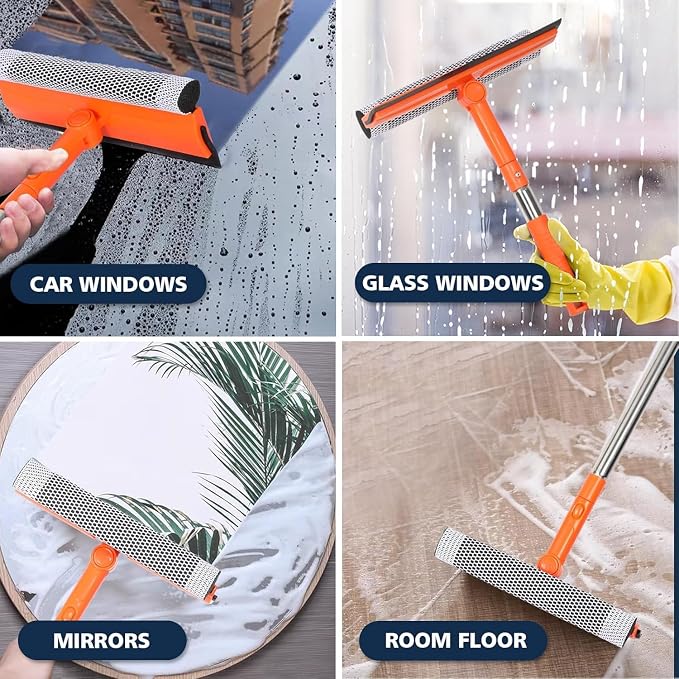 Professional Window Squeegee with 10-55" Extension Poles,2 in 1 Window Cleaner with Long Stainless Steel Handle,Sponge Car Window Squeegee for Gas Station, Glass,Shower