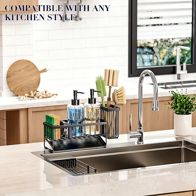 MASADI Kitchen Sink Caddy with Dish Soap Dispenser Set, 12OZ Glass Bottle, Hand and Dish Soap Dispenser Set, Non-Slip Silicone Pad, Brush Holder, Kitchen Sink Organizer Countertop (Black+Clear)