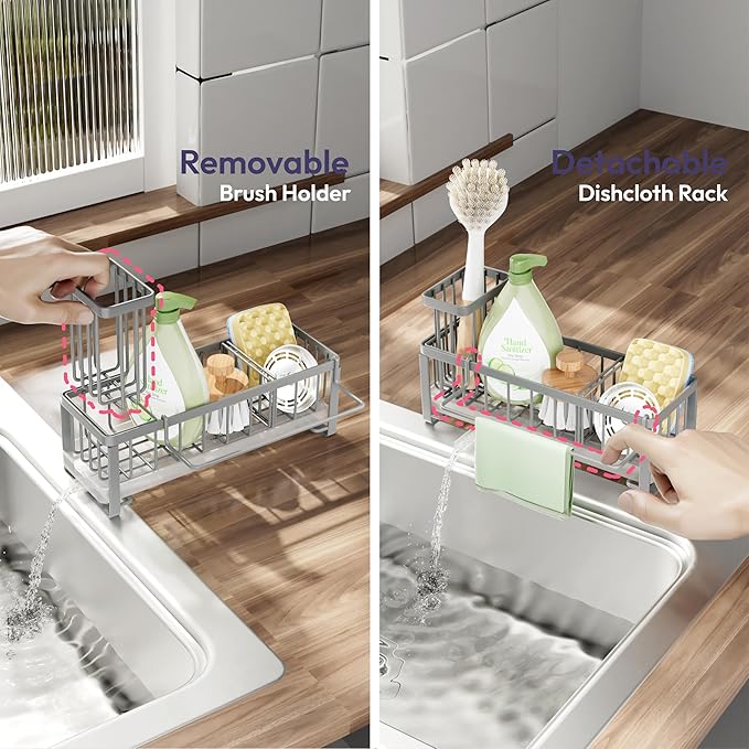 SWTYMIKI Sponge Holder for Kitchen Sink - Sink Caddy with Brush Holder Self-draining Sponge Caddy Organizer with Divider Stainless Steel Kitchen Accessories Storage for Countertop, Gray