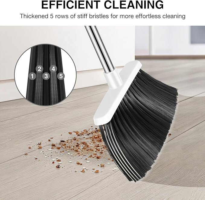 NACENA Broom and Dustpan Set with 52-in Long Adjustable Handle, Grey White | Broom Dustpan Combo with Dustpan Teeth to Automatically Clean Hair Suitable for Home Kitchen Office Hall Floor