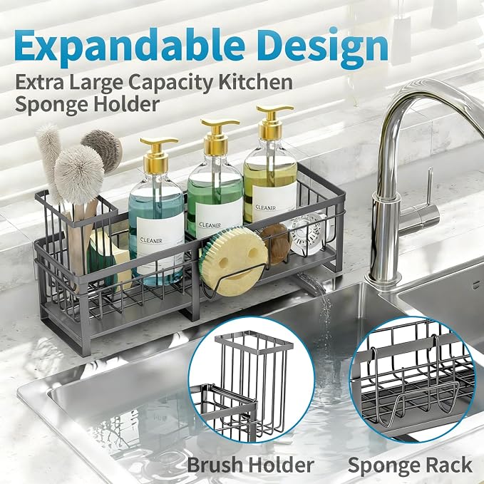 Aurblozen Extra Large Extendable Sponge Holder for Kitchen Sink, Rustproof Sink Caddy Organizer with High Brush Holder, Dish Soap Dispenser Organizers and Storage (Gray)