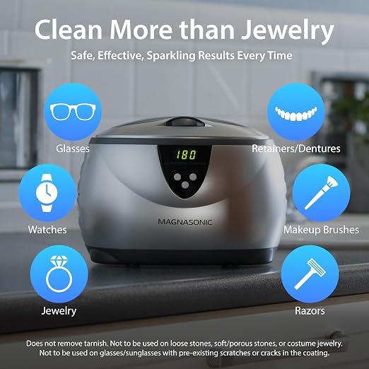 Magnasonic Ultrasonic Cleaner, 20oz Stainless Steel Tank, Digital Timer, 5 Cleaning Modes, w/ 8oz Gem & Jewelry Cleaner Concentrate Solution for All Jewelry, Eyeglasses, Watches, Dentures, Retainers