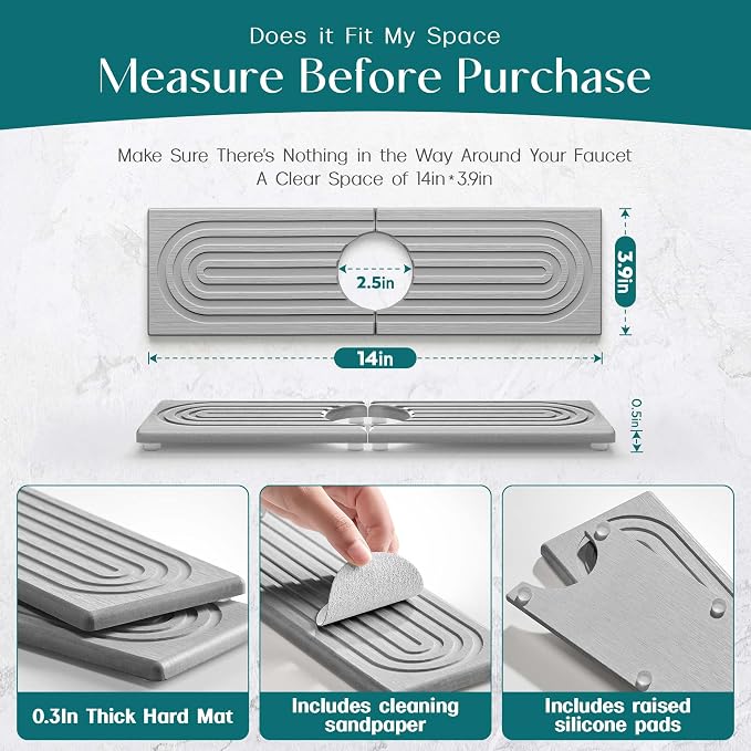 eormoe Diatomite Kitchen Faucet Mat - 14Inch Water Absorbing Stone Tray for Sink, Stone Fast-Drying Faucet Mat for Kitchen Counter Sink Accessories (Grey, 14'' x 3.9'')