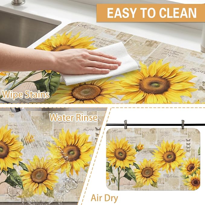 Sunflower Kitchen Countertop Dish Drying Mat,Super Absorbent Coffee Bar Mat for Maker Espresso Machine, Anti-Slip Accessories for Kitchen Countertops 19x12 Inch