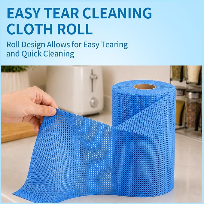 WETQUEEN Upgrade 60 Pack Microfiber Cleaning Cloth Roll - 11.8" x 11.8" Bubbled Reusable Rag for House, Kitchen, Car & Window - Tear Away Dish Rags & Wipe - 1 Roll Replaces 50 Paper Towels - Blue