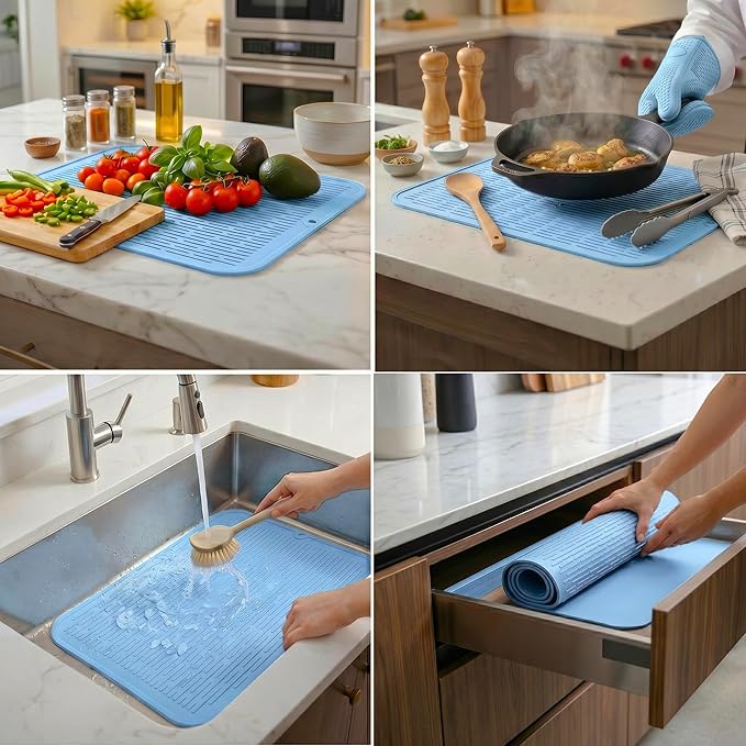 MicoYang Silicone Dish Drying Mat for Multiple Usage,Easy clean,Eco-friendly,Heat-resistant Silicone Mat for Kitchen Counter or Sink,Refrigerator or Drawer Liner Light Blue 2XL 24 inches x 18 inches