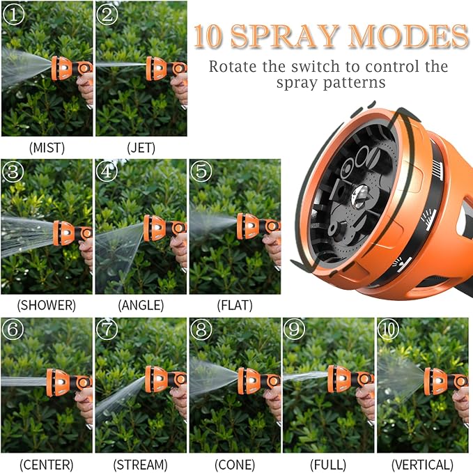 Water Hose Nozzle|Garden Hose Nozzle Hose Spray Nozzle with 10 Patterns High Pressure Hose Nozzles for Garden Hose for Watering Plants Washing Cars Pets(Orange)