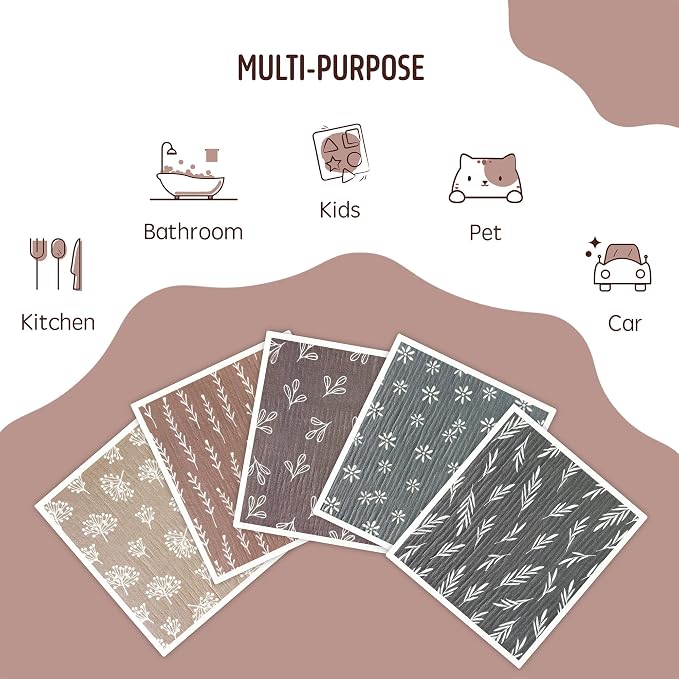 Swedish Dishcloths for Kitchen, 5 Pack Reusable Paper Towels Washable, Super Absorbent Swedish Dish Cloths, Non-Scratch, Biodegradable