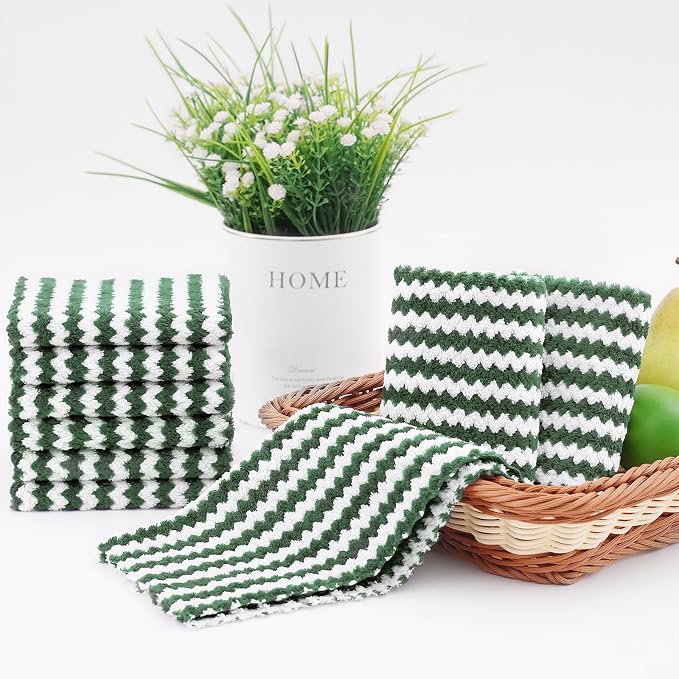 Homaxy 24 Pack Kitchen Dish Cloths, Ultra Soft and Absorbent Dish Towels, Reusable Fast Drying Microfiber Cleaning Cloth, Coral Velvet Wave Design No-lint, 10 x 10 inches, Grass Green