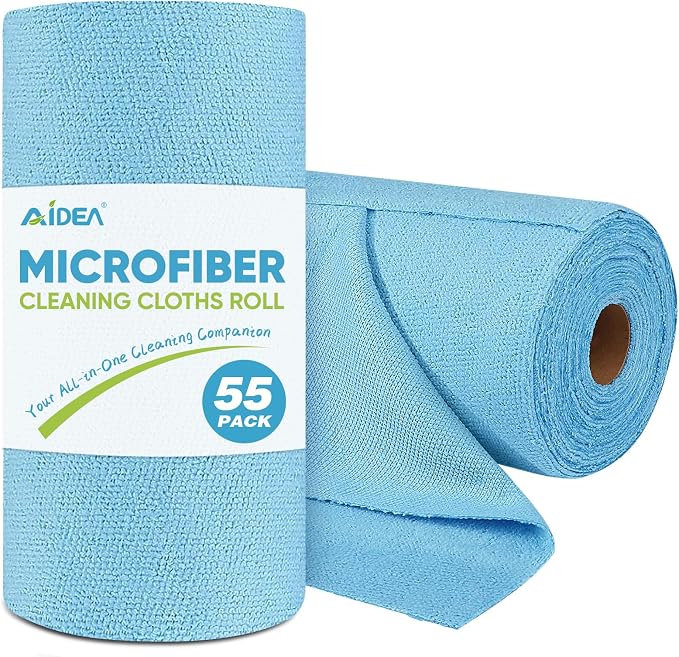AIDEA Microfiber Cleaning Cloth Roll, Blue Shop Towels 55 Sheets 11×9" | Reusable Paper Towels, Microfiber Towels for Cars, Microfiber Rags for Automotive,Workshop, House, Kitchen, Cleaning Supplies