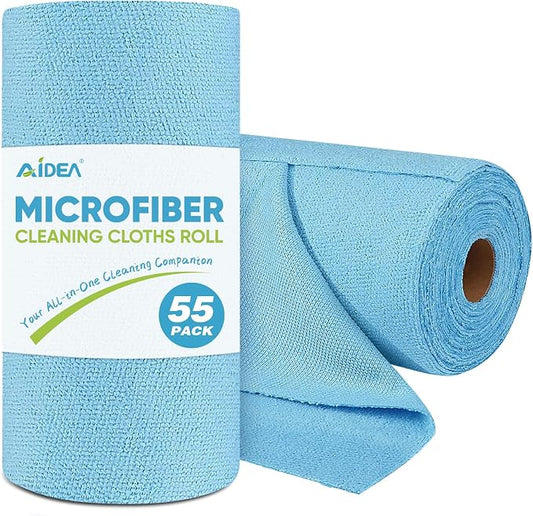 AIDEA Microfiber Cleaning Cloth Roll, Blue Shop Towels 55 Sheets 11×9" | Reusable Paper Towels, Microfiber Towels for Cars, Microfiber Rags for Automotive,Workshop, House, Kitchen, Cleaning Supplies