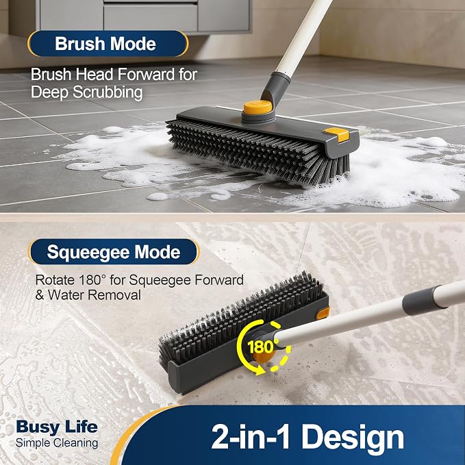 Yocada Floor Scrub Brush 3 in 1 Dual-Sided Stiff Bristle Scrubber Brush | with Scrape Squeegee Indoor&Outdoor for Cleaning Bathroom Kitchen Patio Pool Garage Wall Deck 53.9"