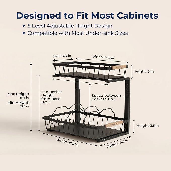 Under Sink Organizer with Motion-Activated LED Lights, 2 Pack, 2 Tier Sliding L-Shaped Carbon Steel Rack with Adjustable Height, Dividers & Hooks (Black)