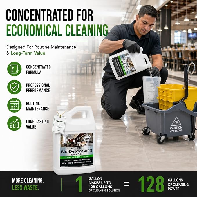 Restaurant Bio-Deodorizing Floor Cleaner - Heavy Duty Commercial Concentrated Enzyme Degreaser and Odor Eliminator for Mopping Tile, Laminate, Hardwood & More