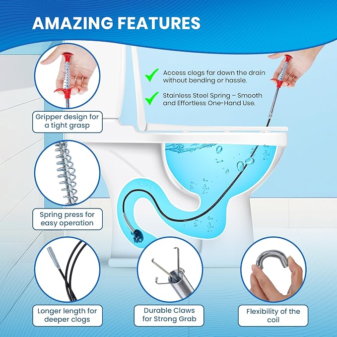 Flexible 79” Drain Snake For Bathroom, Sink And Tub – 1 Pair Reusable Gloves Included – Fast and Effective Drain Clog Remover Solution (Pack of 1-79" Red)