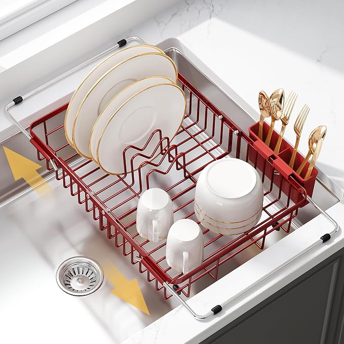 JASIWAY Expandable Stainless Steel Red Dish Drying Rack Over The Sink for Small Kitchen, Counter Space Saving Compact Plate Drainer Strainer, Adjustable Hanging Metal Dish Dryer with Utensil Holder