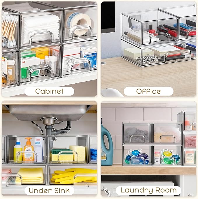 Criusia Stackable Storage Drawers, 4 Pack Clear Plastic Makeup & Bathroom Organizer, Versatile Storage Bins for Vanity, Under Sink, Kitchen Cabinets & Pantry