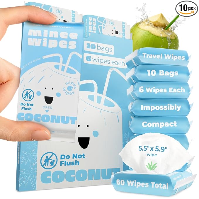 Impossibly Compact Travel Wipes - 99.5% Water - Safe for Sensitive Skin, Resealable, Thick & Durable - For Adults & Kids - Coconut, 10 Pack Total 60 Wipes