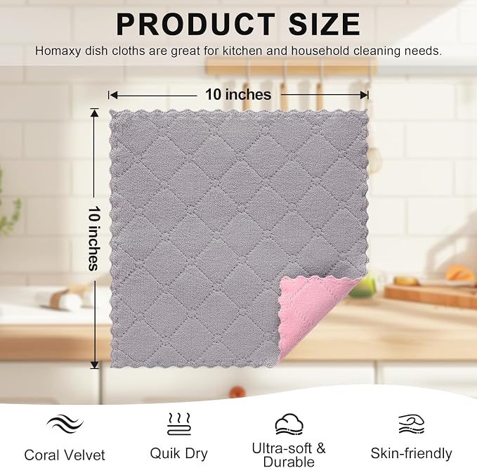 Homaxy 12 Pack Kitchen Cloths Dish Towels (10" x 10", Grey & Pink), Super Soft and Absorbent Dish Cloths, Coral Velvet Microfiber Cleaning Cloth, Nonstick Oil Fast Dry Dishcloths