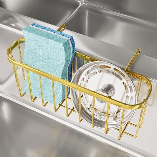 SWTYMIKI Sponge Holder for Kitchen Sink, Kitchen Sink Caddy Rustproof Sponge Caddy for Hanging 1.5” Middle Divider Double Bowl Sinks, No Suction Cups, Gold