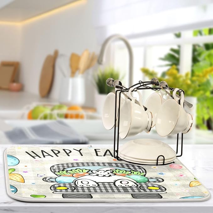 Easter Eggs Bunny Rabbit Dish Drying Mat Quick Absorbent 18x24 Easter Day Black White Buffalo Plaid Kitchen Drying Mat for Countertop Sink Reusable Dishes Mats Kitchen Essentials