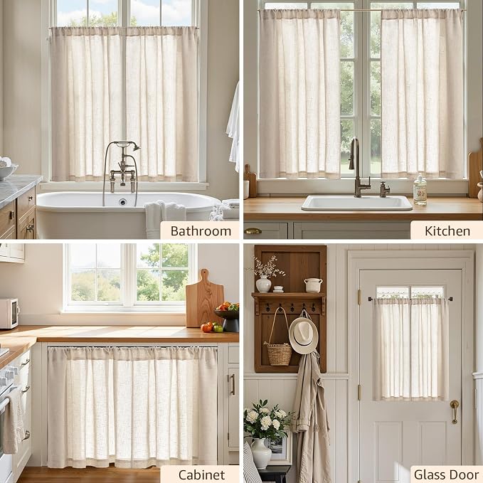 jinchan Linen Kitchen Tier Curtains, 38x45, 2 Panels, Natural | Light filtering, linen blend, rod pocket, farmhouse style, rustic decor, kitchen, bathroom, laundry room, RV, small windows