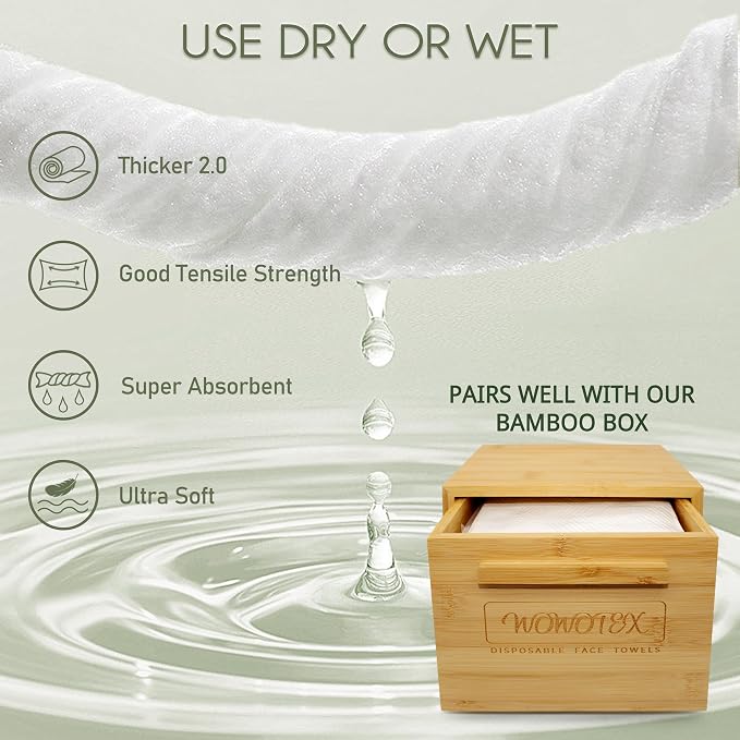 WOWOTEX THICKER Dry Wipes 50 Count Disposable Face Towels 10x12" | Ultra Soft for Sensitive Skin & Babies, Travel, Makeup Removal