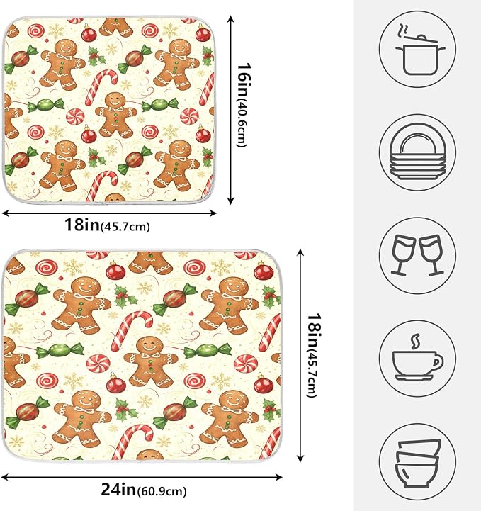 Christmas Gingerbread Cookie Man Sugar Dish Drying Mat for Kitchen Counter Absorbent Microfiber Small Drying Pad Dish Mats for Kitchen Countertops 16 x 18 Inch