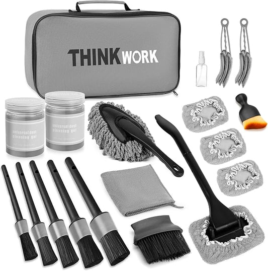 THINKWORK Windshield Cleaner Tool, Detailing Kit Interior with Brush Set | 180 Degree Rotating Head, Replaceable Microfiber Pads, Streak Free, Storage Bag, Gray Car Cleaning Accessories, Gift, 20Pcs
