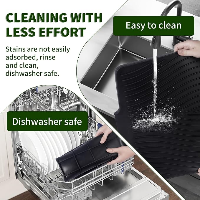 Silicone Dish Drying Mat 16x13,Food-Grade Silicone,Easy Clean Pad for Countertop Protection,Heat Resistant,Easy Clean,Non-Slip Drain Pad with Built-in Drain,Multi-Functional Use,Black