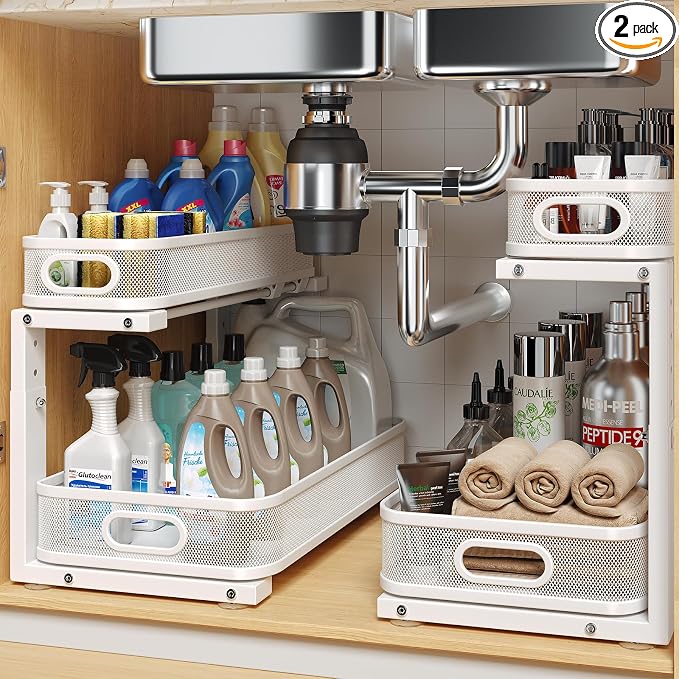 2 Pack 17.3IN-Depth Under Sink Organizer with Smooth Cylindrical Rail,2-Tier Pull Out Multi-Purpose Cabinet Storage for Bathroom&Kitchen,Height Adjustable,Rust-Resistant Coating-White