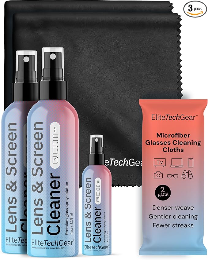 Elite Tech Gear Microfiber Cleaning Cloth Kit with Lens Cleaner Sprays | 2-pc Glasses Cleaning Cloths - 3-pc Alcohol Free Lens Cleaner Sprays - Streak-Free - Safe for Delicate Lenses, TV's & Phones