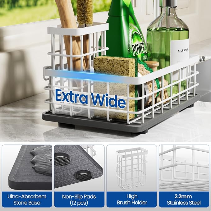 Extra Large Kitchen Sink Caddy Organizer, Stainless Steel Sponge Holder for Kitchen Sink with Brush Holder, Diatomite Stone Sink Tray for Soap Dispenser, Sponge, Bathroom Countertop Organizer, White