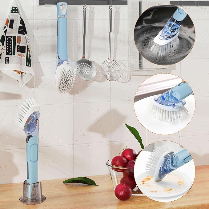 RIMAY Dish Brush with Soap Dispenser Dish Washing Brush with Handle | Soap Dispensing Dish Brush, Soap Brush for Kitchen Sink, Dish Wand Kitchen Brushes for Dishes/Pans/Pots/Sink (Blue)