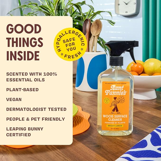 Aunt Fannie's All Purpose Wood Spray Clean Spray, Lemon, Refill 64 oz | No-Wax Formula, Removes Dust & Grime, Safe for Tables Counters Shelves Walls & Cabinets, Child and Pet Safe, Made in USA