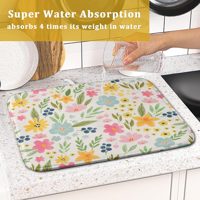 Spring Easter Floral Dish Drying Mat for Kitchen Counter 16x18 Green Pink Yellow Blue Cute Flower Print Absorbent Reversible Microfiber Drying Mats Kitchen Countertop Protector Dishes Drainer Pad