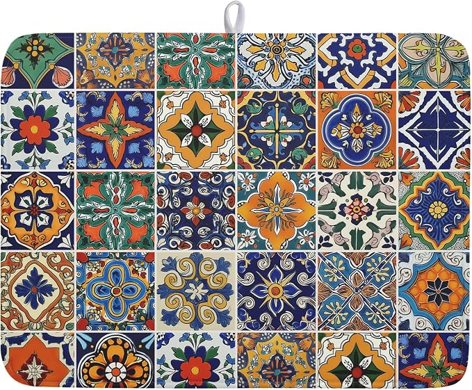 Talavera Mexican Tiles Dish Drying Mat for Kitchen Counter 18x24 Inch Mexican Flower Decorations Dish Draining Mat Mexican Tilt Fast Absorbent Tableware Dishes Pad for Coffee Bar Countertop