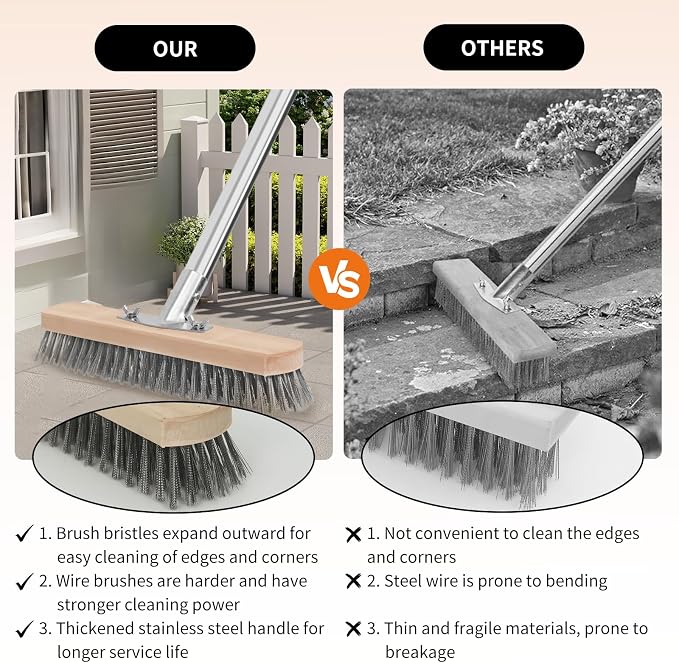 Stainless Steel Wire Scrub Brush with Long Handle, Heavy Duty Floor Scrubber Brush, Moss Remover Wire Broom for Deck, Rough Surface, Concrete Floor, Patio, Garden, Garage