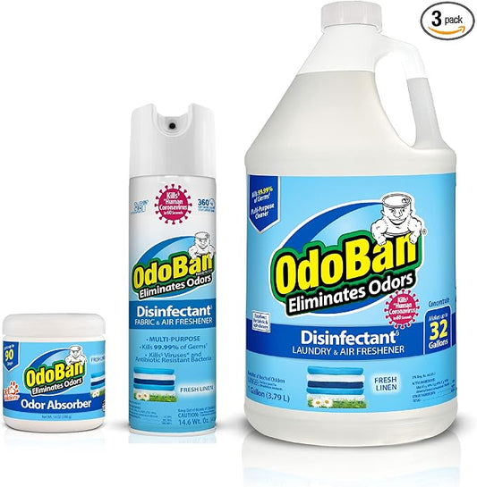 OdoBan Multipurpose Cleaner Disinfectant and Harsh Smell Eliminator Fabric/Air Freshener Pack: Ready-to-Use 360-Degree Continuous Spray, 1 Gallon Concentrate, Solid Smell Absorber, Fresh Linen Scent