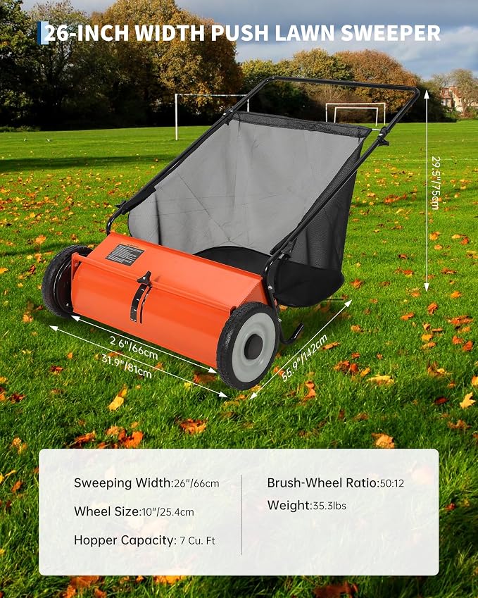 26-Inch Push Lawn Sweeper, Heavy Duty Stainless Steel Yard Sweeper with 4 Spinning Brushes, 7 Cu. ft. Large Capacity Hopper Bag, Adjustable Brush Height, Rubber Wheels for Leaves Grass Clippings