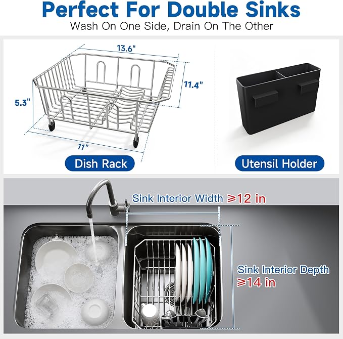 JASIWAY in Sink Dish Drying Rack, Stainless Steel Small Dish Drainer | Perfect Fit 12"x14" Double Bowl Sink, Counter Space Saving for Kitchen, Apartment, Sturdy Dish Dryer with Utensil Holder