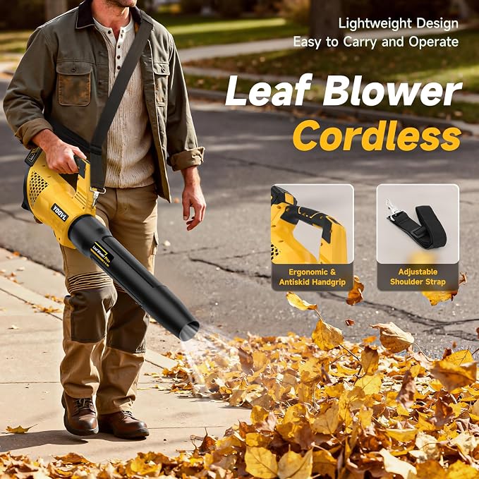 Leaf Blower Cordless, 650CFM Electric Leaf Blowers with 2 x 5.2Ah Batteries and Charger, 3 Speed Modes, 1 x Adjustable Shoulder Strap, Powerful Blowers for Lawn Care, Patio, Dust, Blowing Leaves